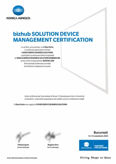 Certificat Konica Minolta România - tehnician Copier Service autorizat pentru echipamente bizhub C360i