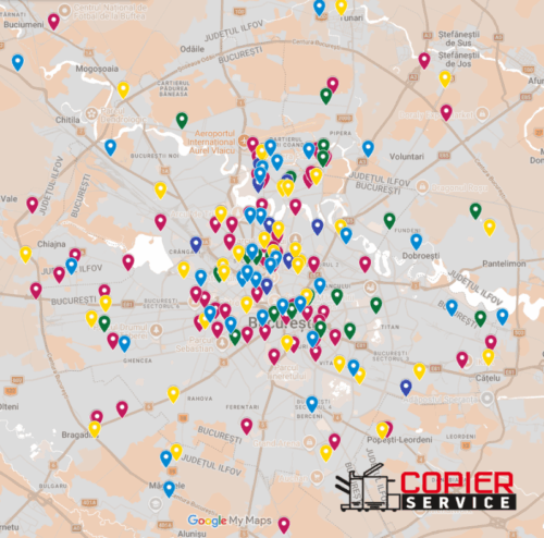 Harta clienților Copier Service din București și Ilfov — peste 200 de firme cu echipamente închiriate