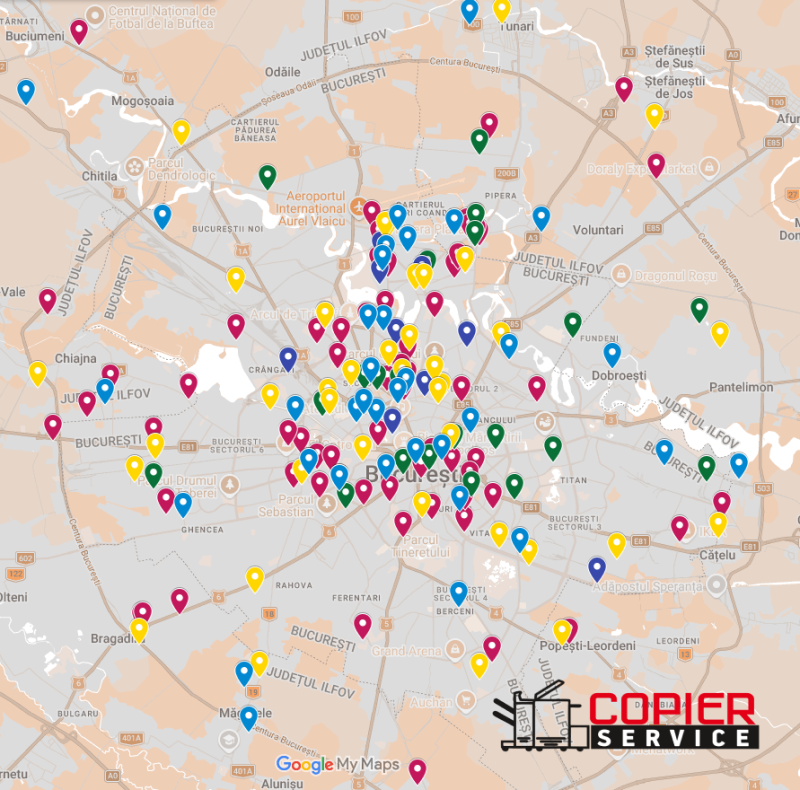 Harta clienților Copier Service din București și Ilfov — peste 200 de firme cu echipamente închiriate